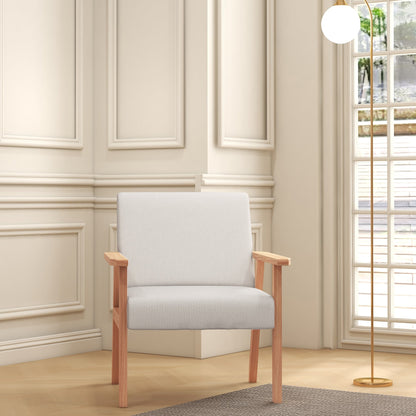 HOMCOM Accent Chair Wood Frame with Thick Linen Cushions Wide Seat Armchair Home Furniture Bedroom Office Cream White