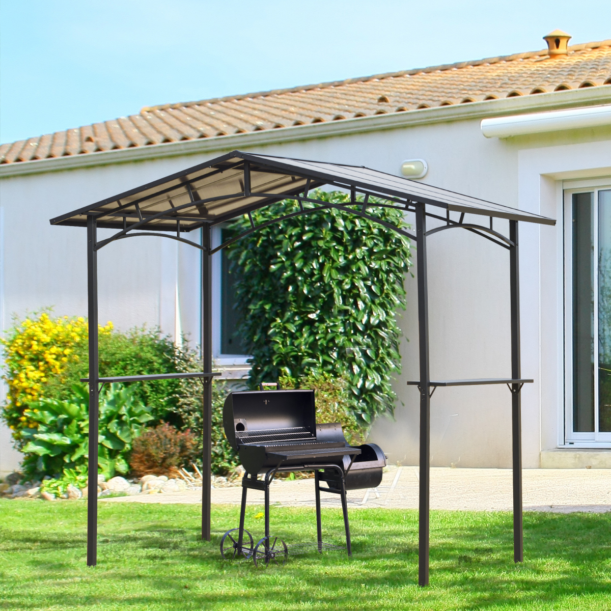 2.5x1.5m Grill Outdoor BBQ Gazebo Canopy & Side Shelves PC Roof Aluminium
