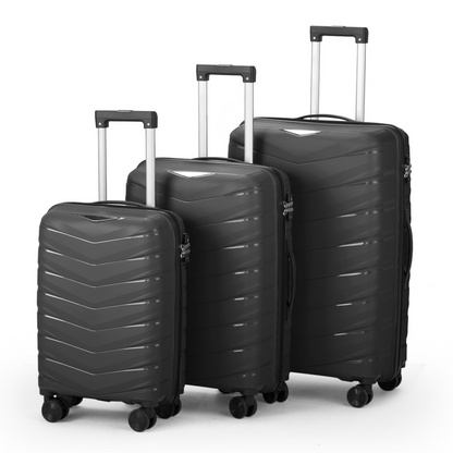 V-striped 3-in-1 PP trolley case 20in 24in 28in PP iron trolley classic color - black (grained pattern)