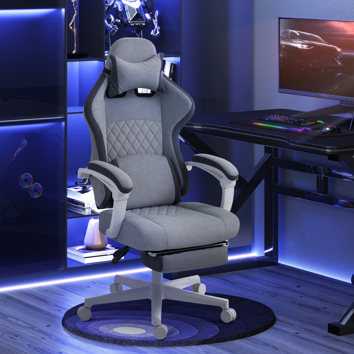 HOMCOM Printed Velvet Computer Recliner Chair with Adjustable Height, Grey