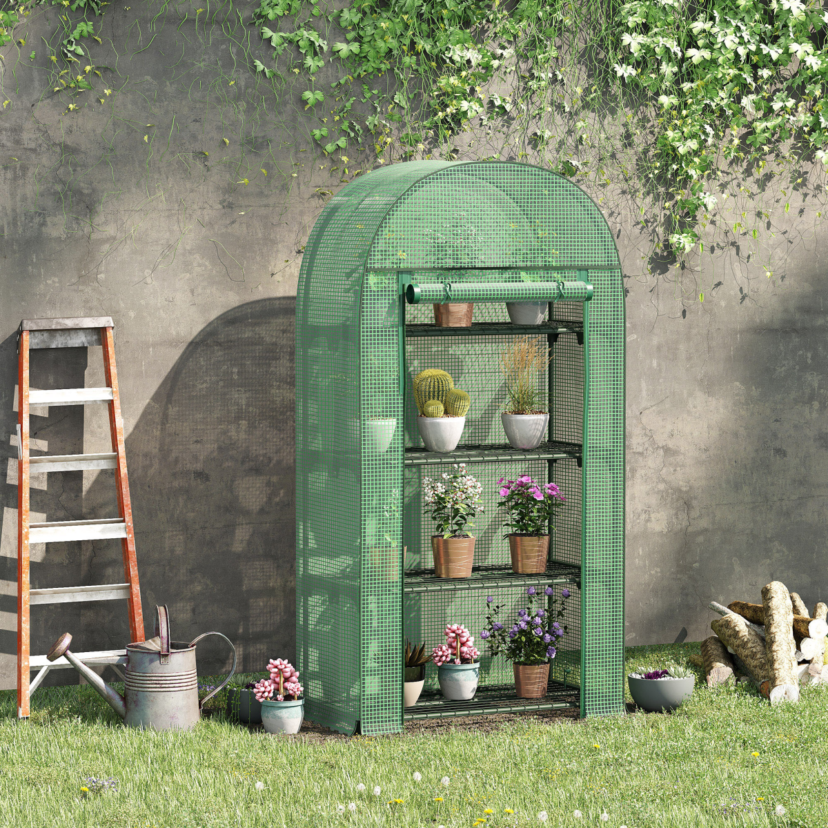80x49x160cm Mini Greenhouse with Storage Shelf, Roll-Up ZipDoorPE Cover, Green