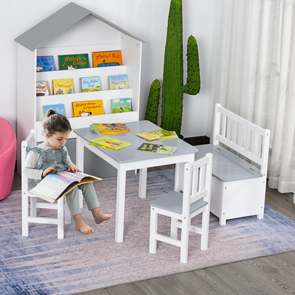 4-Piece Set Kids Wood Table Chair Bench Storage Function for 3 Years+ HOMCOM