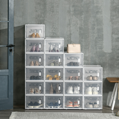 18PCS Clear Shoe Box, Plastic Stackable UK/EU Size up to 12, 28 x 36 x 21cm