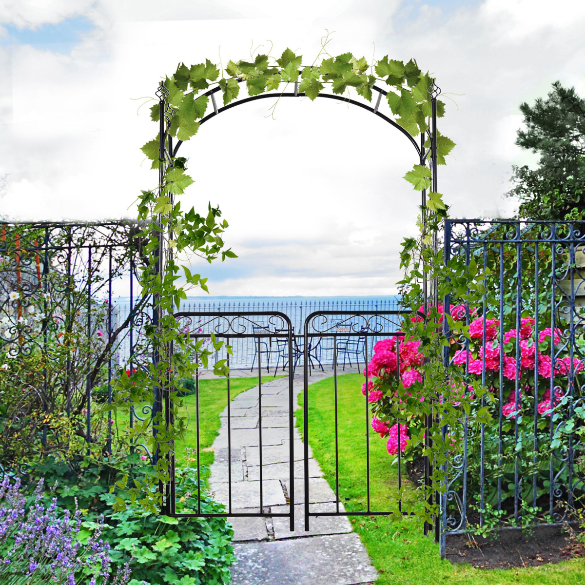 Metal Decorative Backyard Arch Gate Garden Arbor for Climbing Plants Outsunny