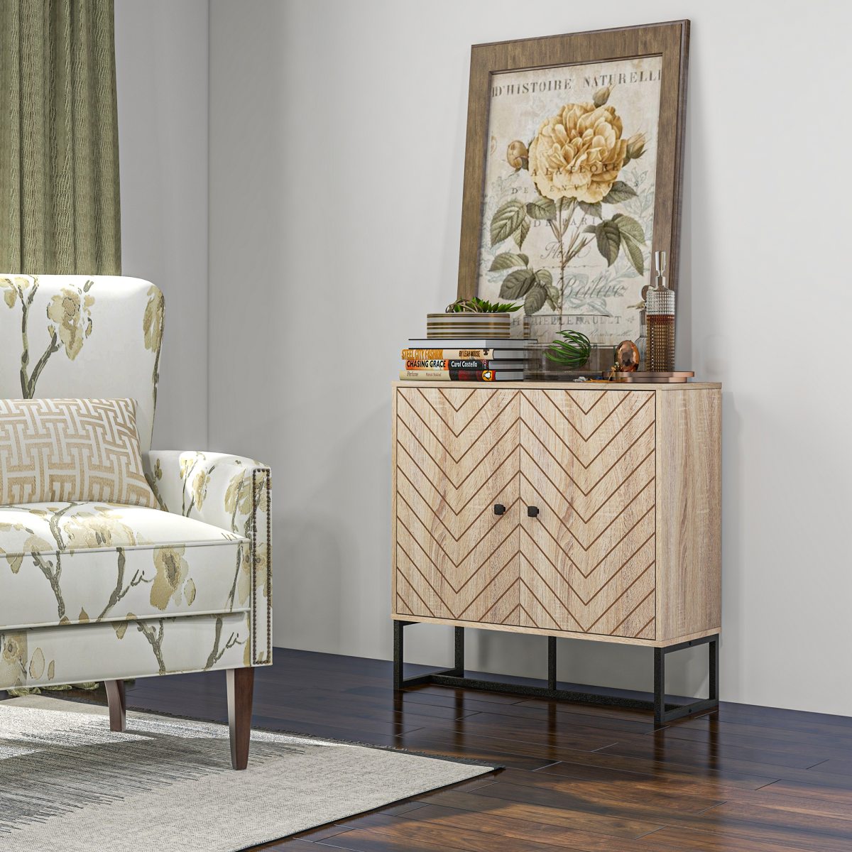 Embossed Arrow Storage Cabinet w/ Adjustable Shelf Metal Frame Handles Stylish