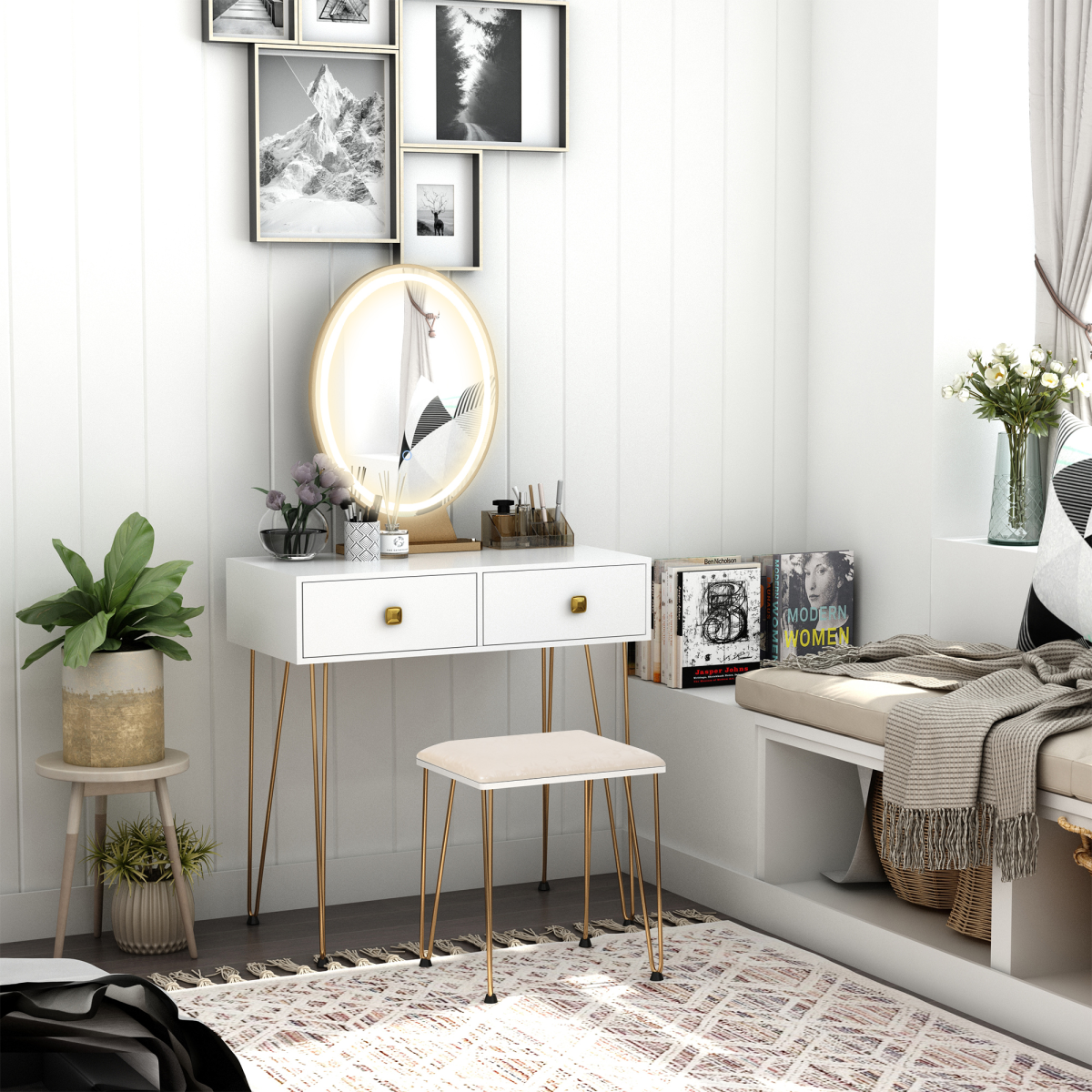 Dressing Table Set With LED Mirror & Stool 2 Drawers Makeup Desk