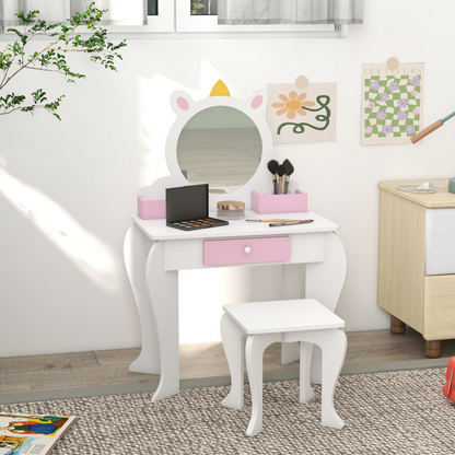 ZONEKIZ Kids Dressing Table with Mirror and Stool, Drawer, Storage Boxes - White
