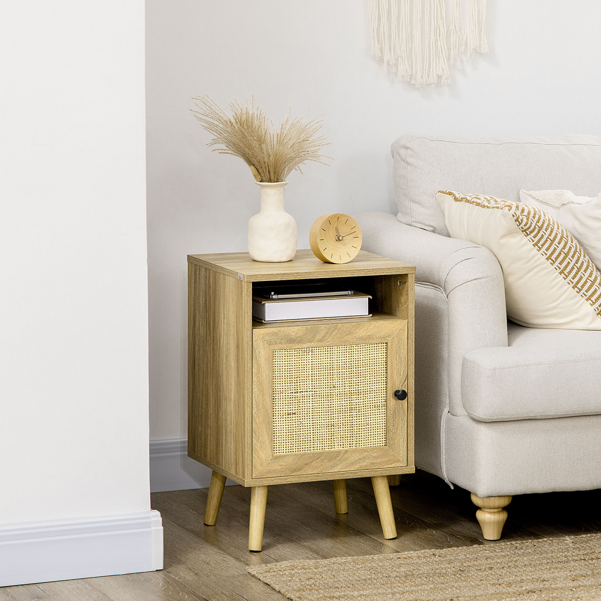 HOMCOM Nightstand, Rattan Bedside Table w/ Cabinet, Shelf, Natural