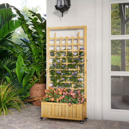 Outsunny Wooden Trellis Planter, Raised Garden Bed with Wheels and Bed Liner