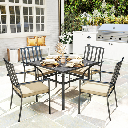 Outsunny Garden Dining Set w/ 4 Stackable Cushioned Chairs and Metal Top Table
