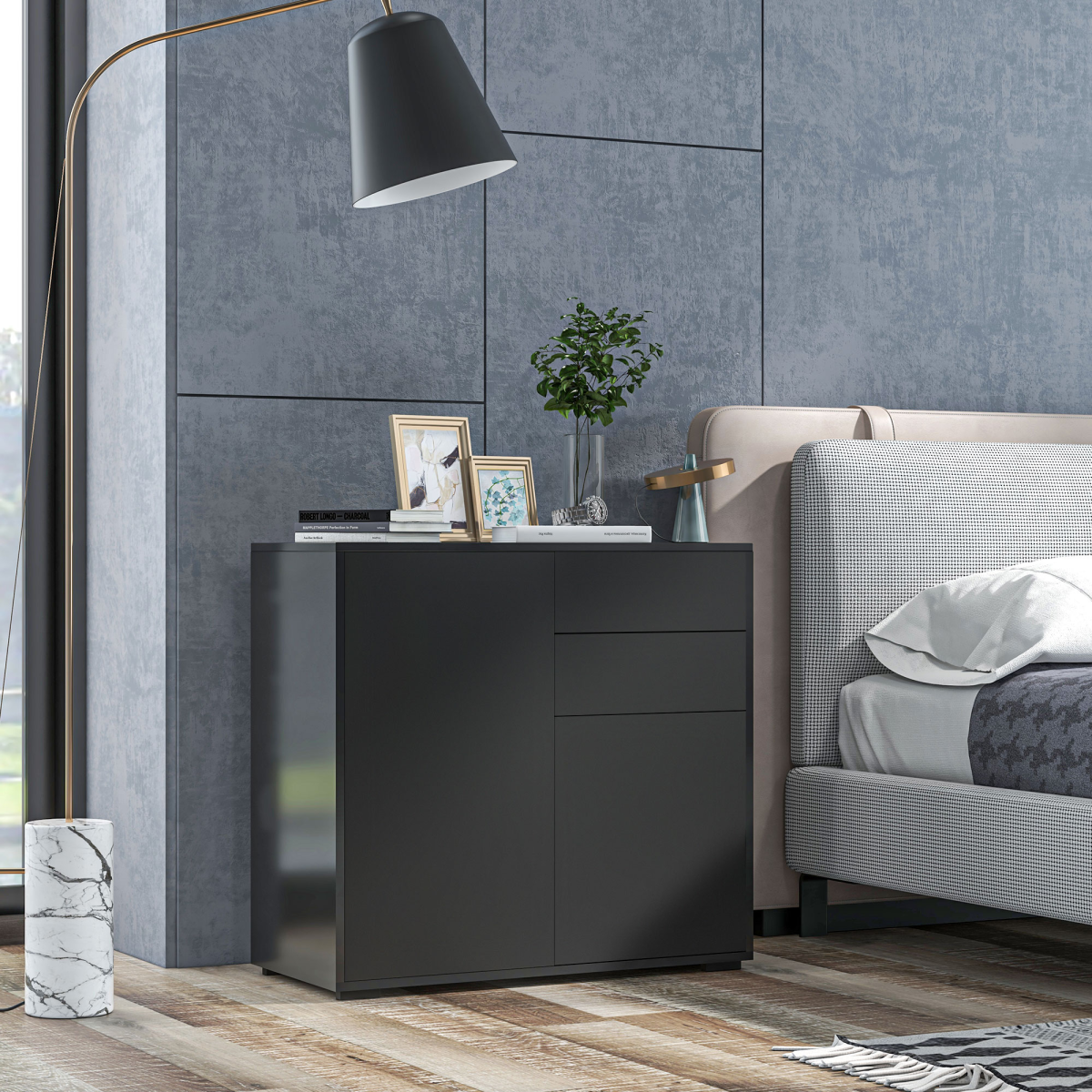 Side Cabinet with 2 Door Cabinet and 2 Drawer for Home Office Black
