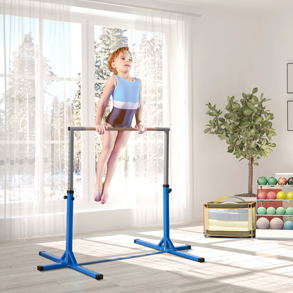 Adjustable Kids Gymnastics Bar Horizontal Training w/ Steel Frame Wood Bar Blue