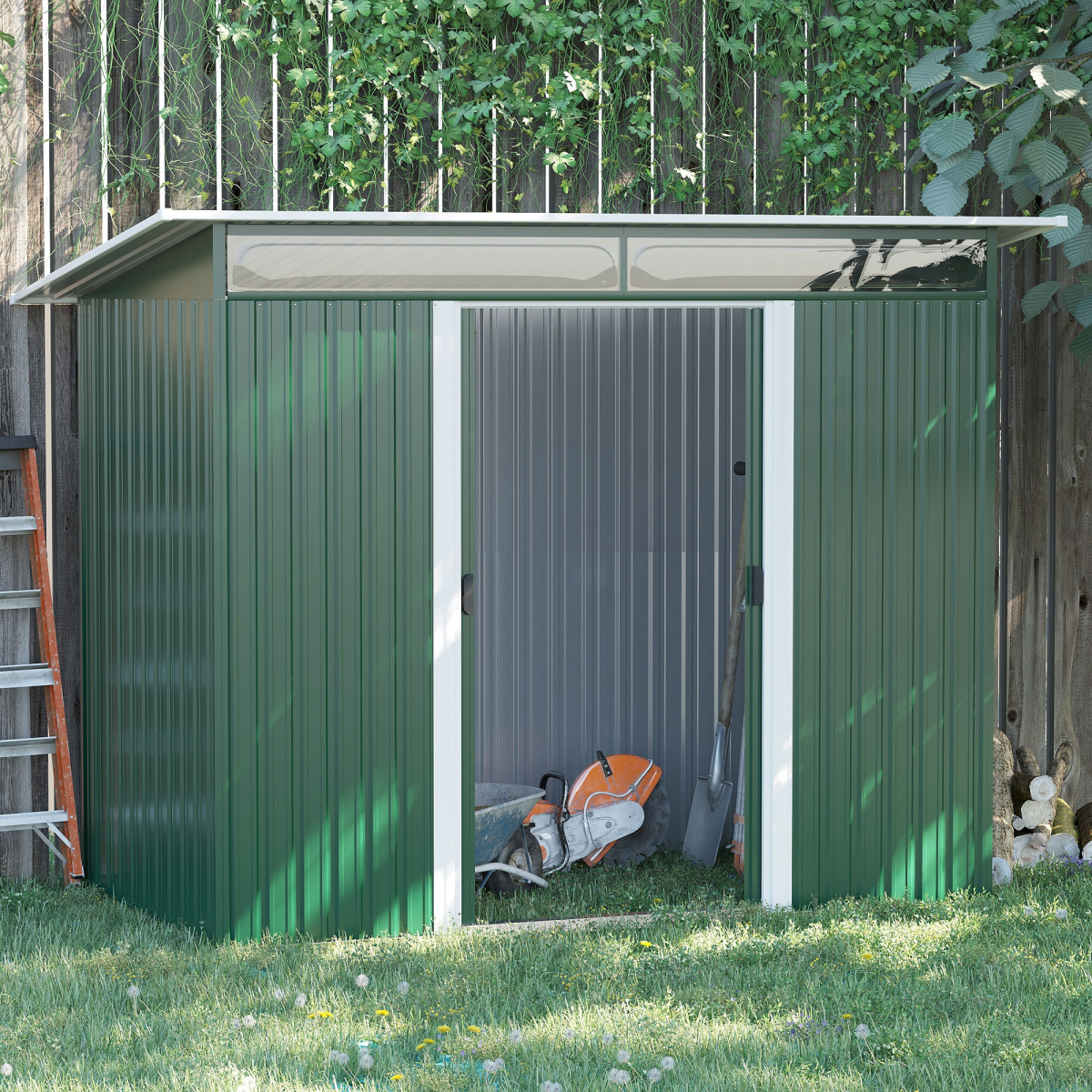 Pent Roofed Metal Shed Foundation Vent 260x133x200cm Sliding Door Green