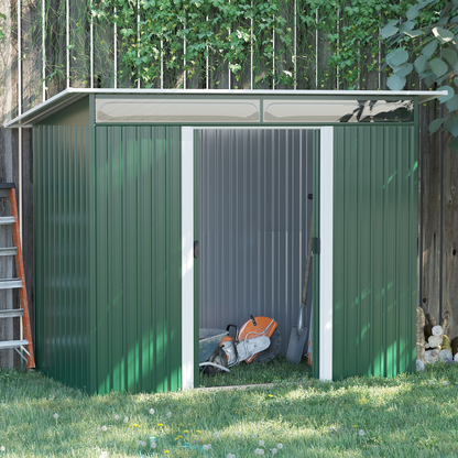 Pent Roofed Metal Shed Foundation Vent 260x133x200cm Sliding Door Green