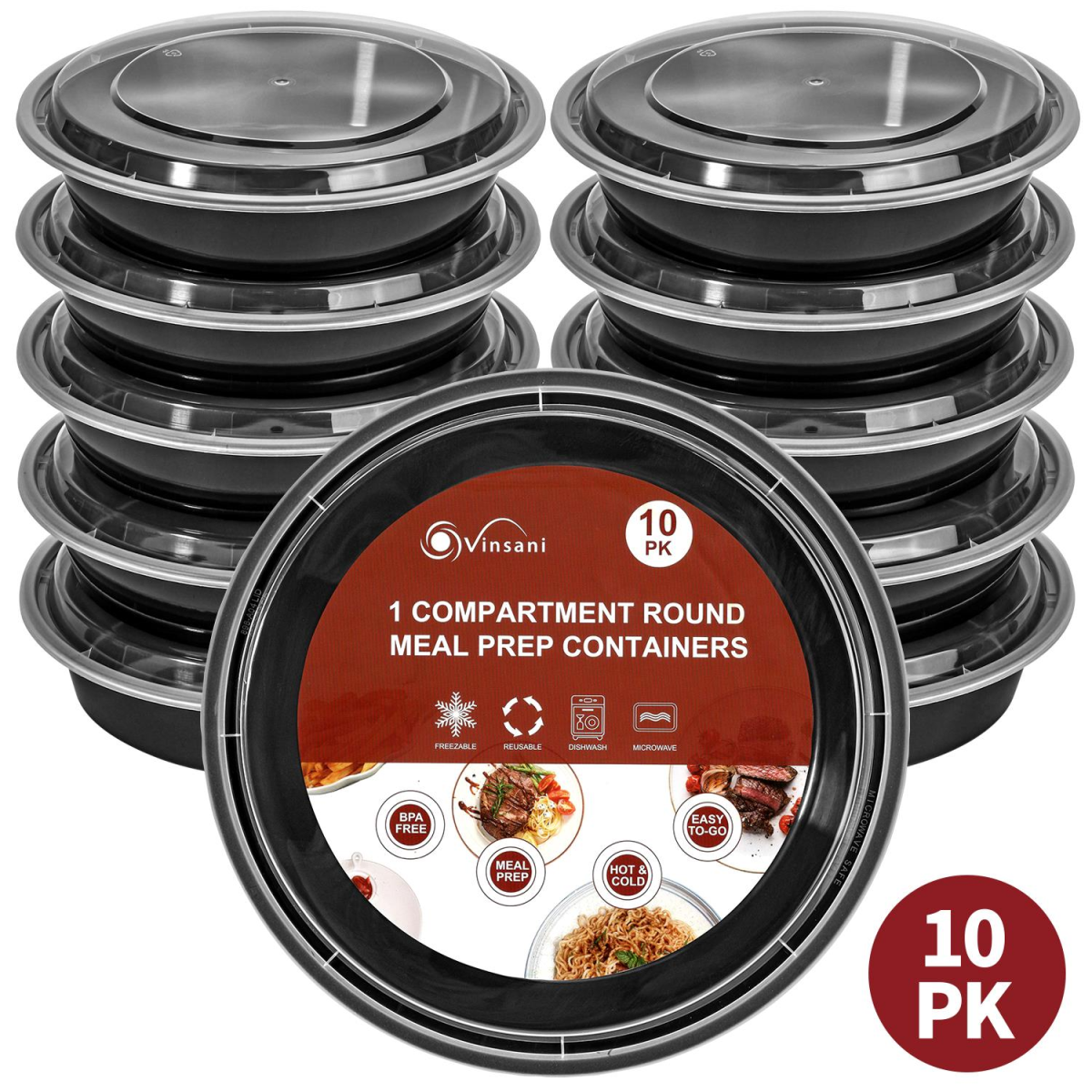 VINSANI 10pk ROUND 1 COMPARTMENT MEAL PREP CONTAINERS 1010426