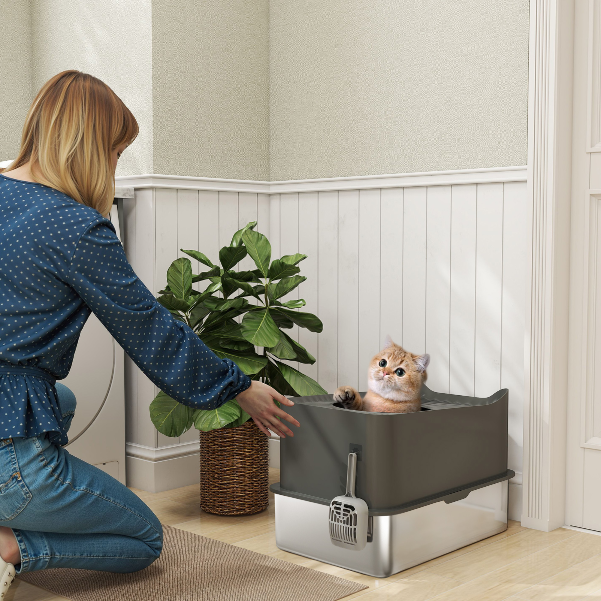 PawHut Stainless Steel Cat Litter Box, Enclosed Metal Litter Tray, Dark Grey