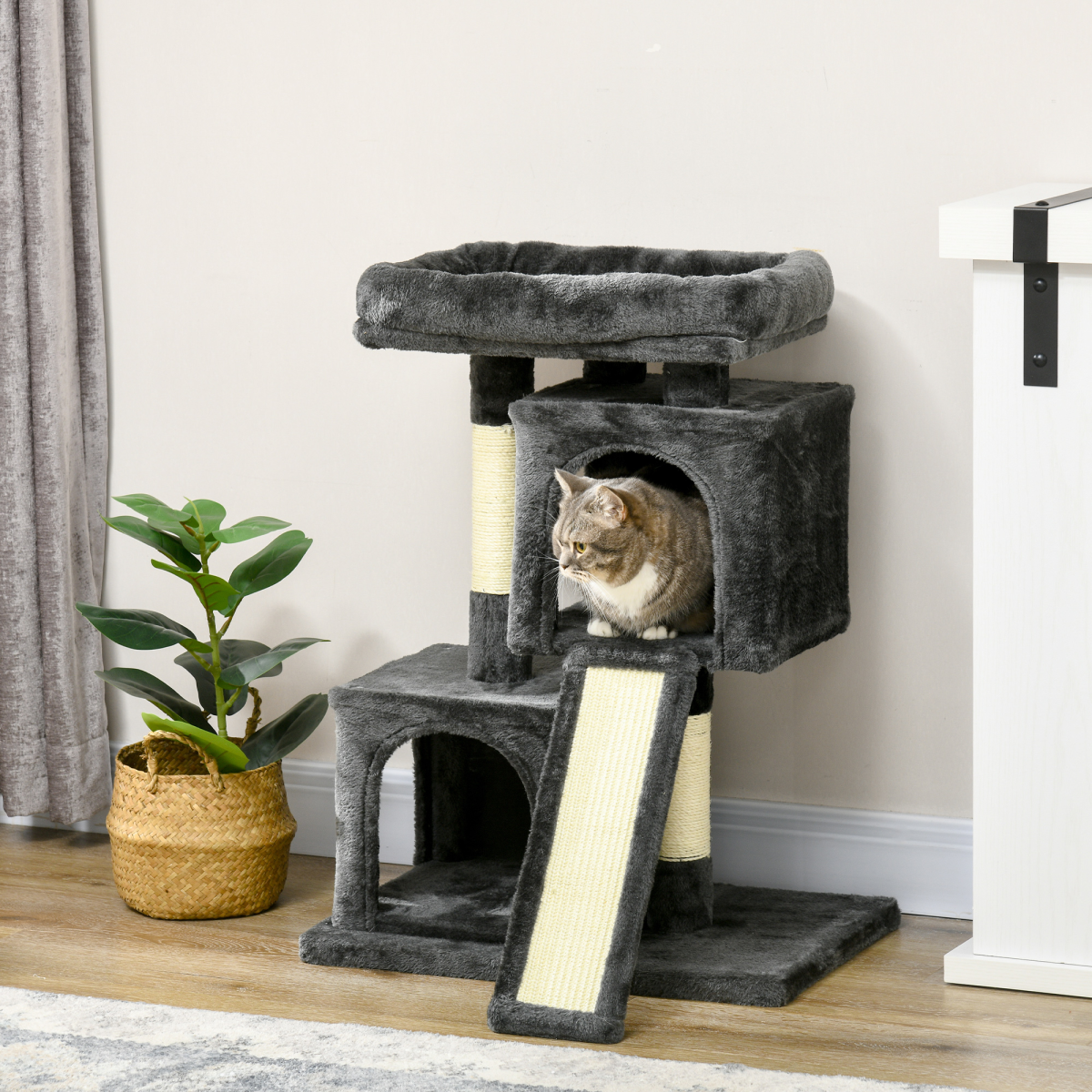 Cat Rest & Play Activity Tree w/ 2 House Perch Scratching Post Black Pawhut