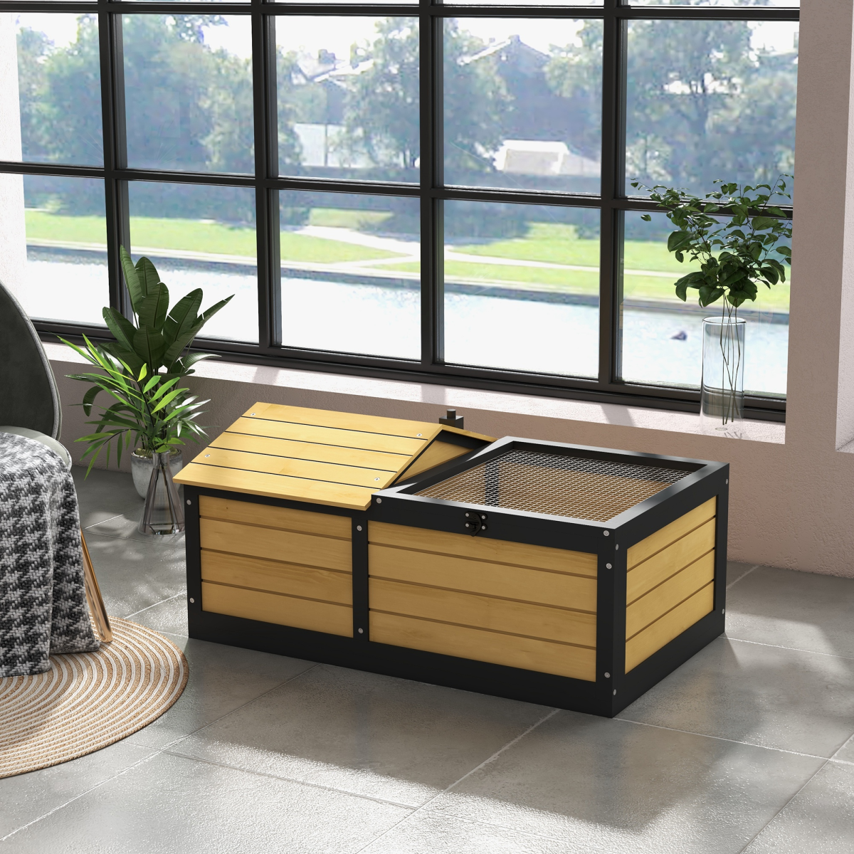 PawHut Wooden Tortoise House, Small Pet Reptile with Hide Shelter Den and Run