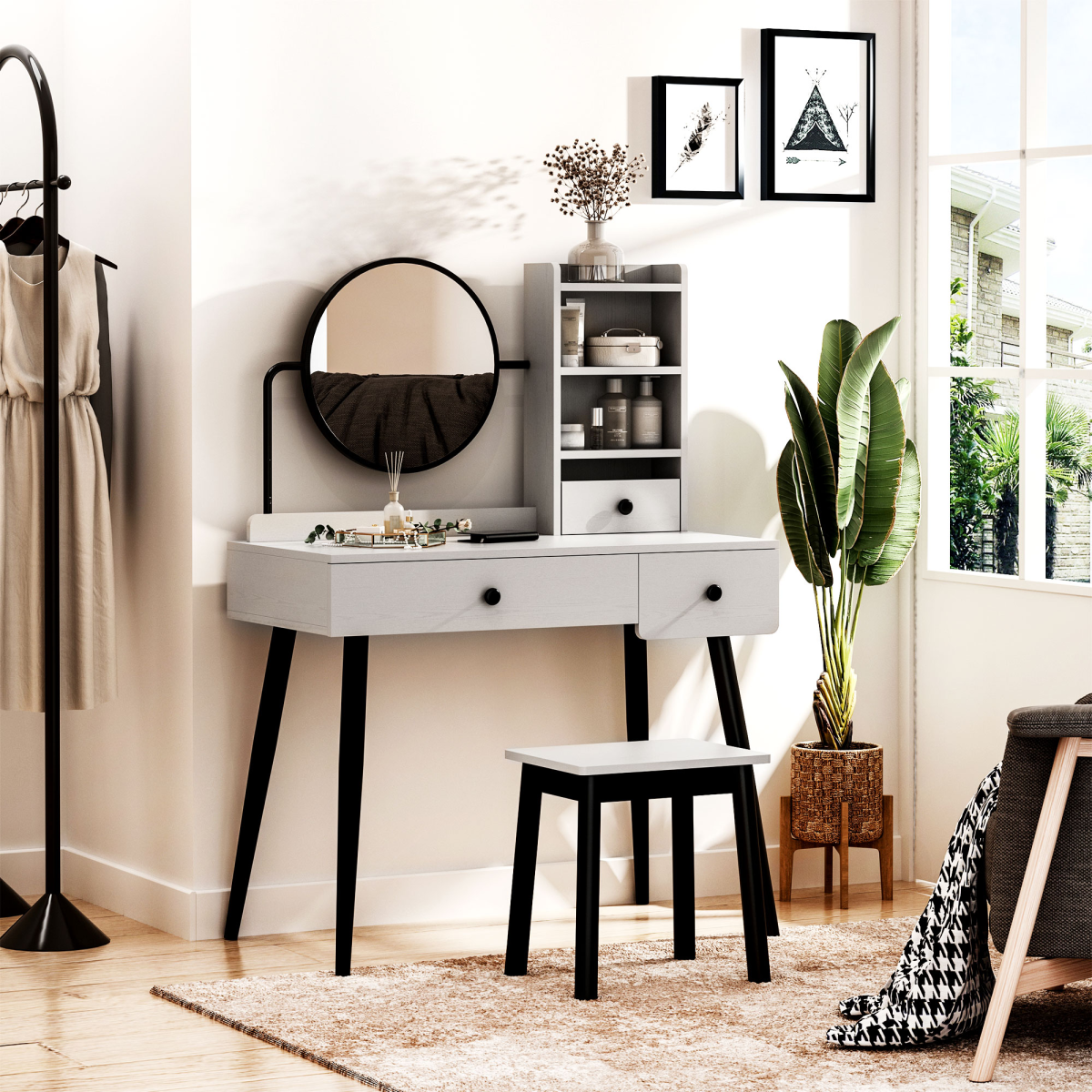 Dressing Table Set with 3 Drawers, Storage shelves and Stool, Grey