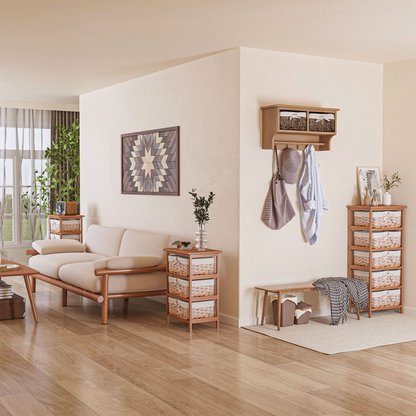 5-Drawers Storage Unit Wooden Frame W/ Wicker Woven Baskets