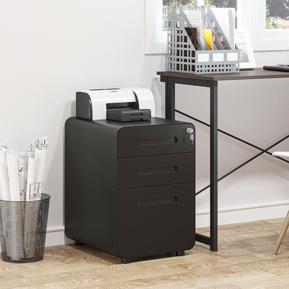3 Draw Modern Steel Filing Cabinet w/ 4 Wheels Lock Pencil Box Black Vinsetto