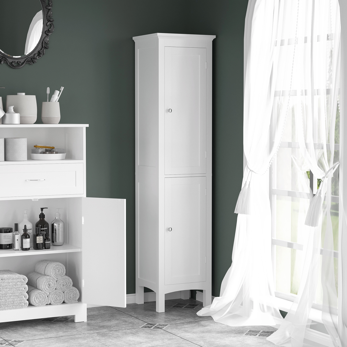 kleankin Tall Bathroom Cabinet with Adjustable Shelves, Double Door, White