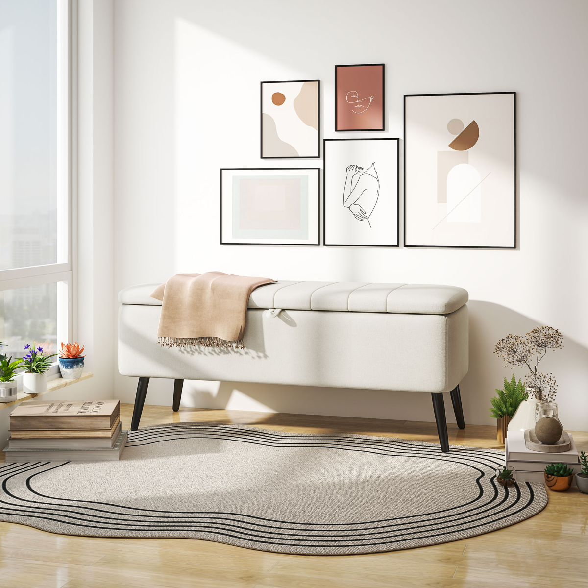 HOMCOM Storage Ottoman Bench, Linen Fabric Footstool with Steel Legs Cream White