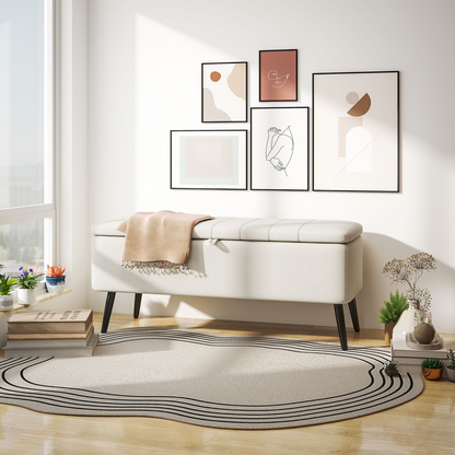 HOMCOM Storage Ottoman Bench, Linen Fabric Footstool with Steel Legs Cream White