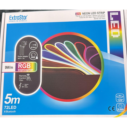 ExtraStar Neon LED Strip 5M Cable with Power Adapter andRemote Control, 9W/M, RGB