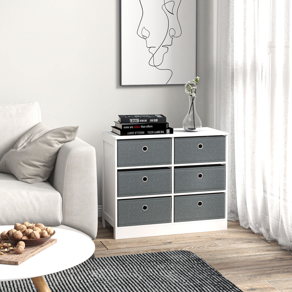 Chests of Drawer, Fabric Dresser Storage Cabinet with 6 Drawers White and Grey