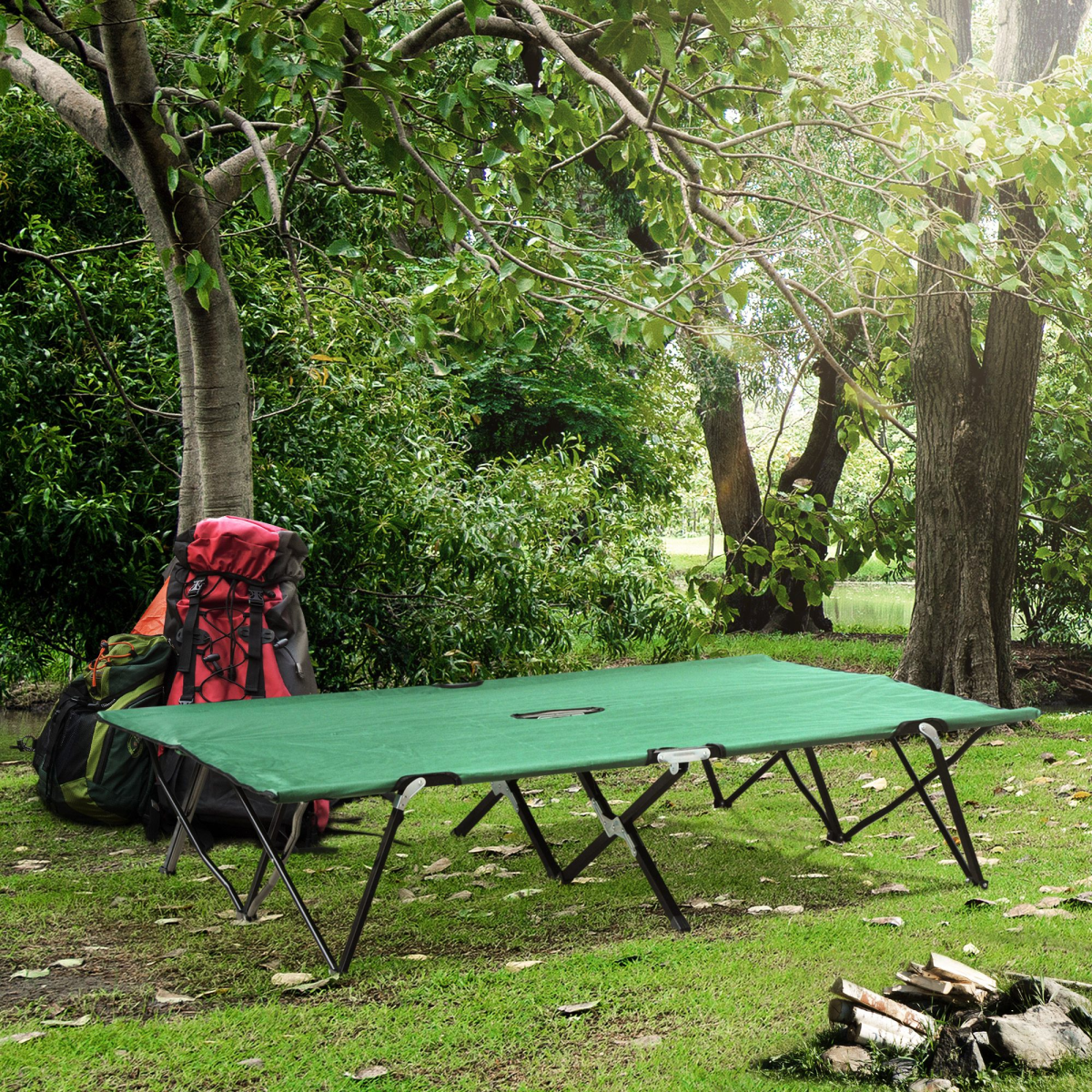 Double Camping Folding Cot Outdoor Portable Sunbed Carry Bag, Green Outsunny
