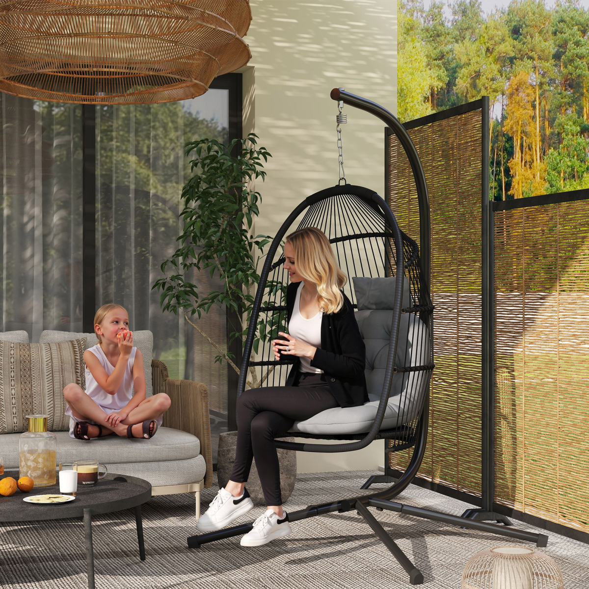 Outsunny Rattan Hanging Egg Chair with Stand, Cushion, Dark Grey