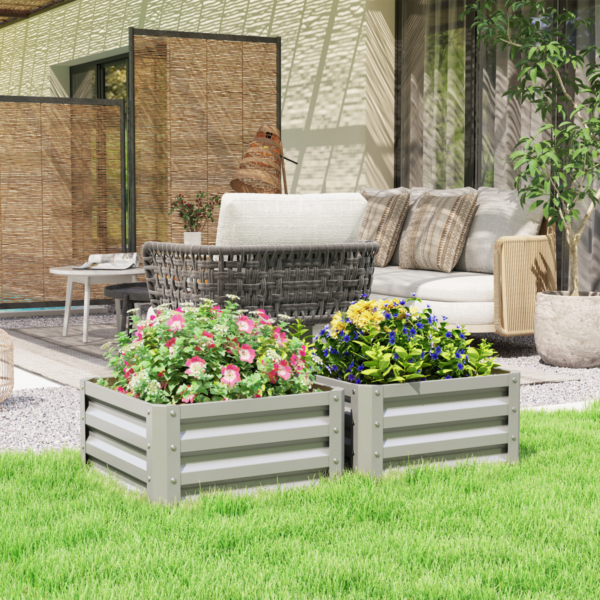 Outsunny Set of 2 Raised Garden Bed Galvanised Planter Box, Light Grey