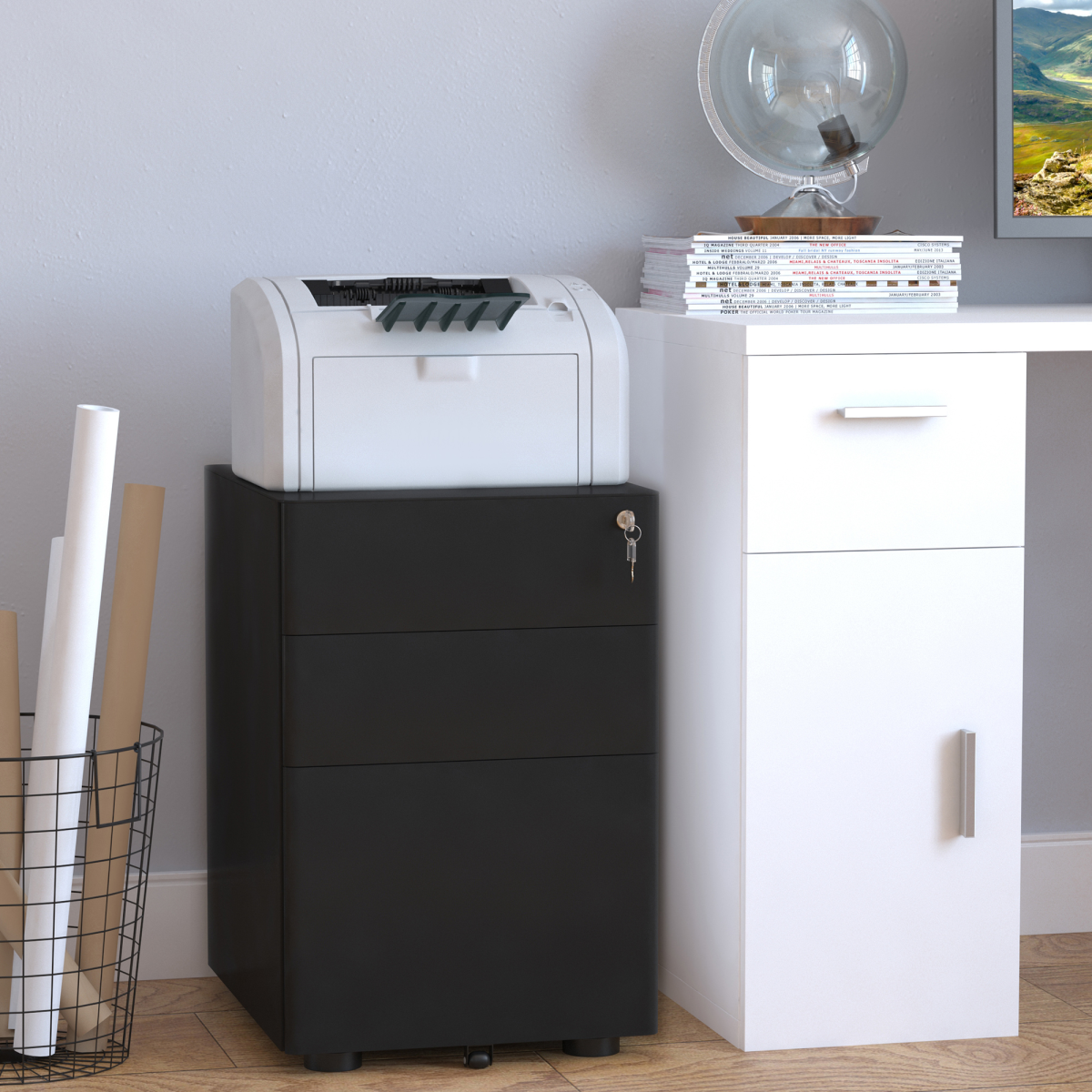 3 Draw Metal Filing Cabinet Lockable 4 Wheel Compact Under Desk Black Vinsetto