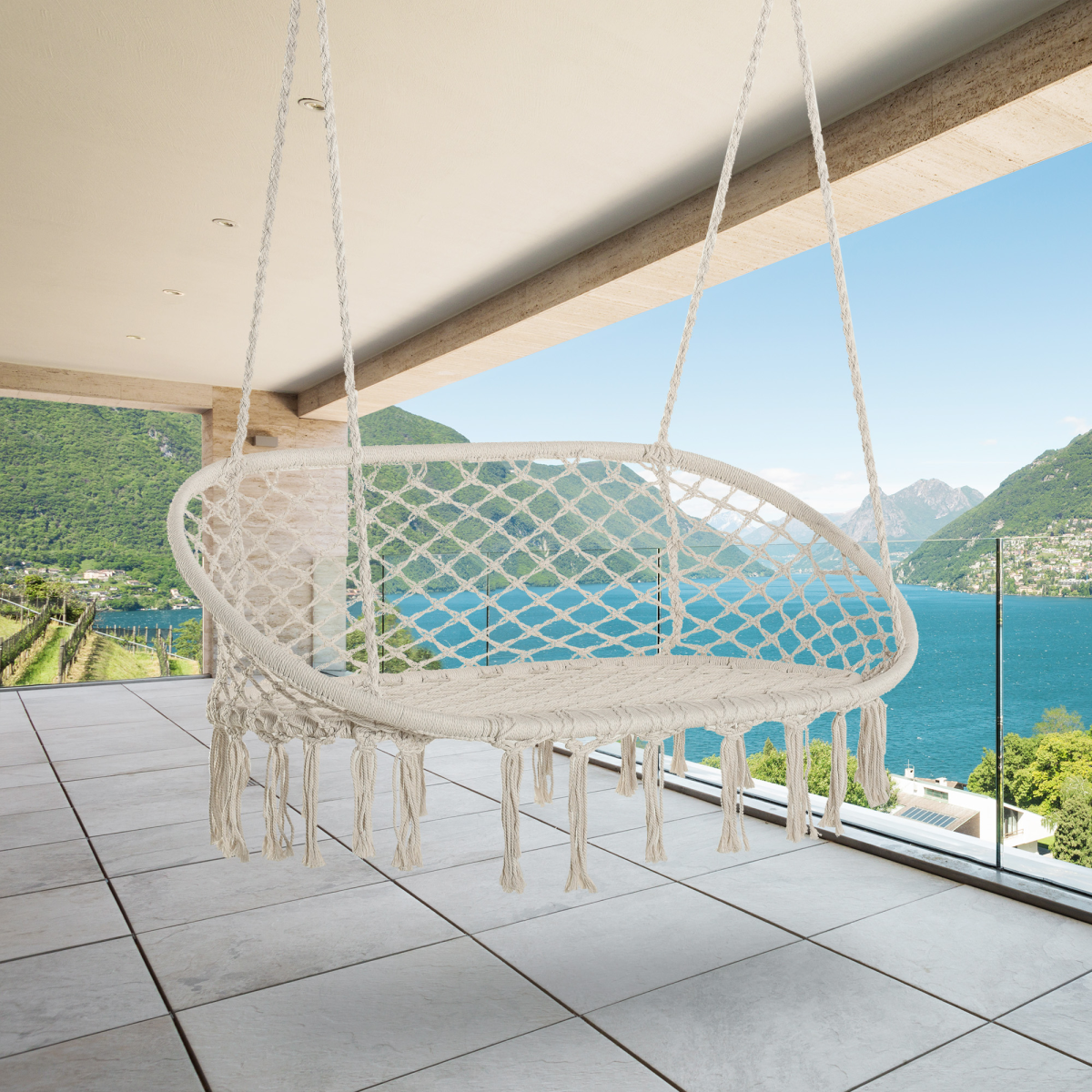 Hanging Hammock Chair Cotton Rope Swing & Metal Frame Large Macrame, Cream White