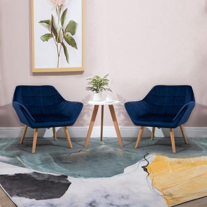 Luxe Velvet-Feel Accent Chair w/ Wide Arms Slanted Back Padding Wood Legs Blue
