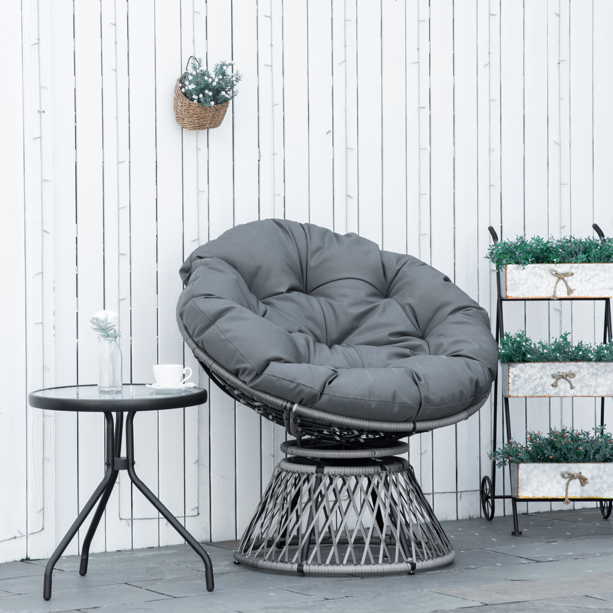 360??Swivel Rattan Papasan Moon Bowl Chair Round Outdoor Padded-Grey Outsunny
