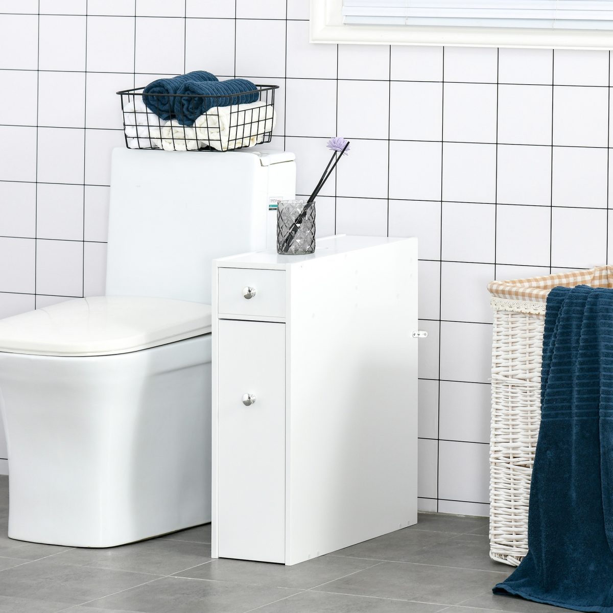 Slim Floor Cabinet Narrow Wooden Storage with Drawers Bathroom White HOMCOM