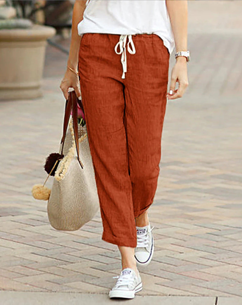 New Solid Color Loose Casual Drawstring Elastic Waist Cotton Linen Cropped Pants