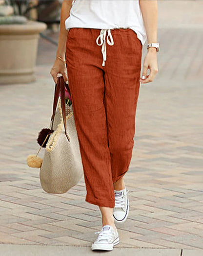 New Solid Color Loose Casual Drawstring Elastic Waist Cotton Linen Cropped Pants