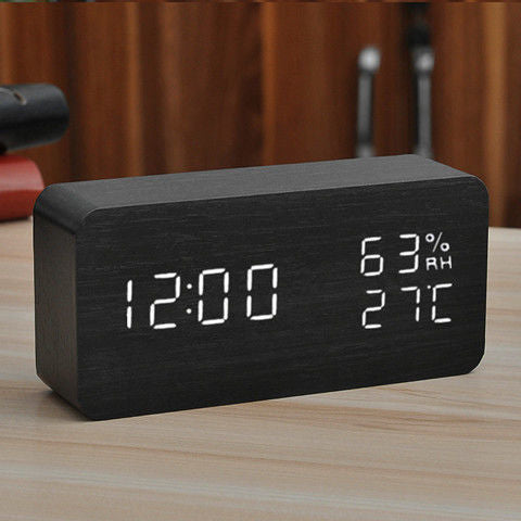 Electronic Alarm Clock Multifunctional Digital Display Temperature And Humidity Time Wood
