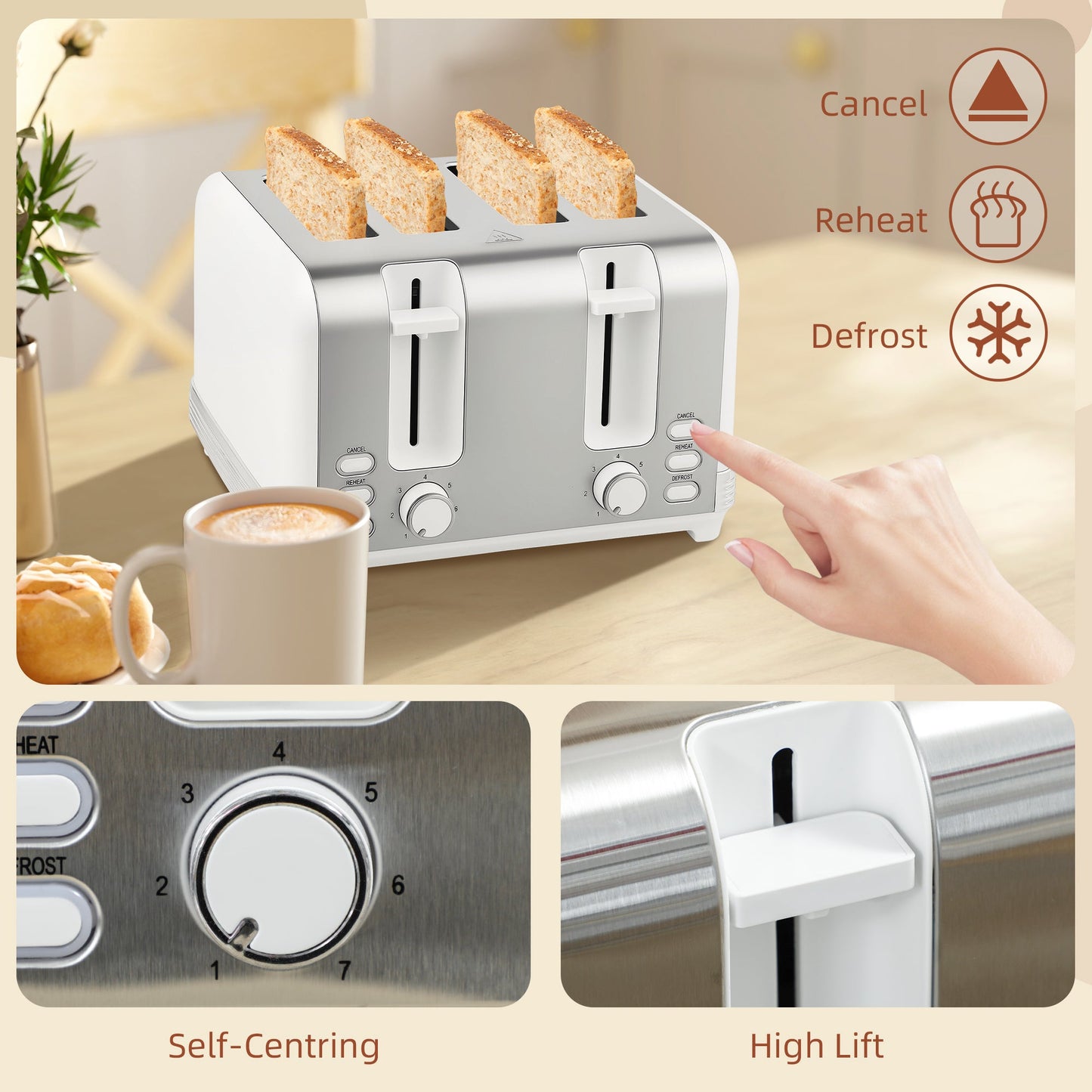 HOMCOM Stainless Steel Kettle and Toaster Set, 1.7L 3000W Rapid Boil Jug Kettle with UK Strix Thermostat, Limescale Filter, 4 Slice Toaster with 7 Browning Controls, Crumb Tray, White and Silver Tone