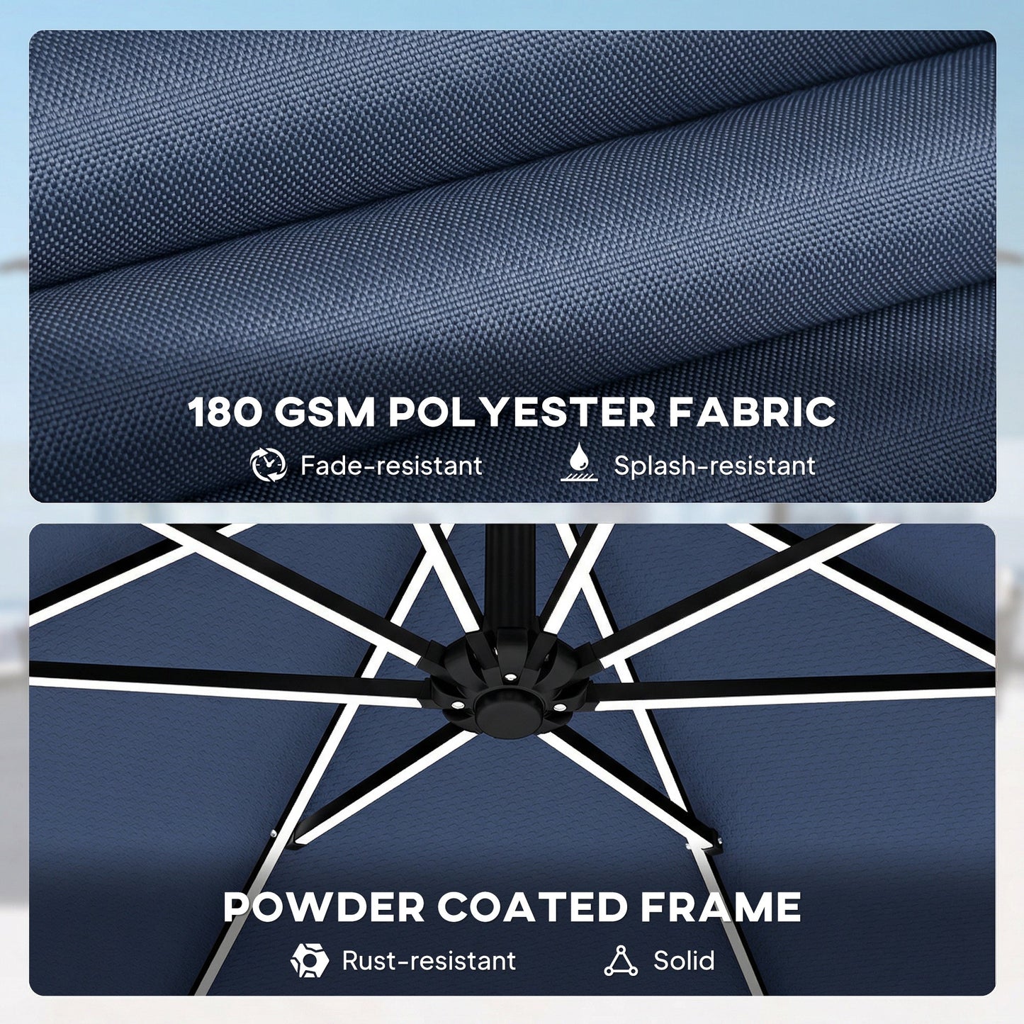 Outsunny 3 m Garden Cantilever Parasol with LED Solar Light, Round Overhanging Umbrella with 360° Rotation, Cover, Navy Blue