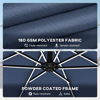 Outsunny 3 m Garden Cantilever Parasol with LED Solar Light, Round Overhanging Umbrella with 360° Rotation, Cover, Navy Blue