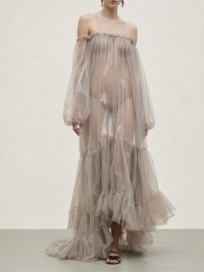 Sheer Off-shoulder Ruffle Maxi Dress