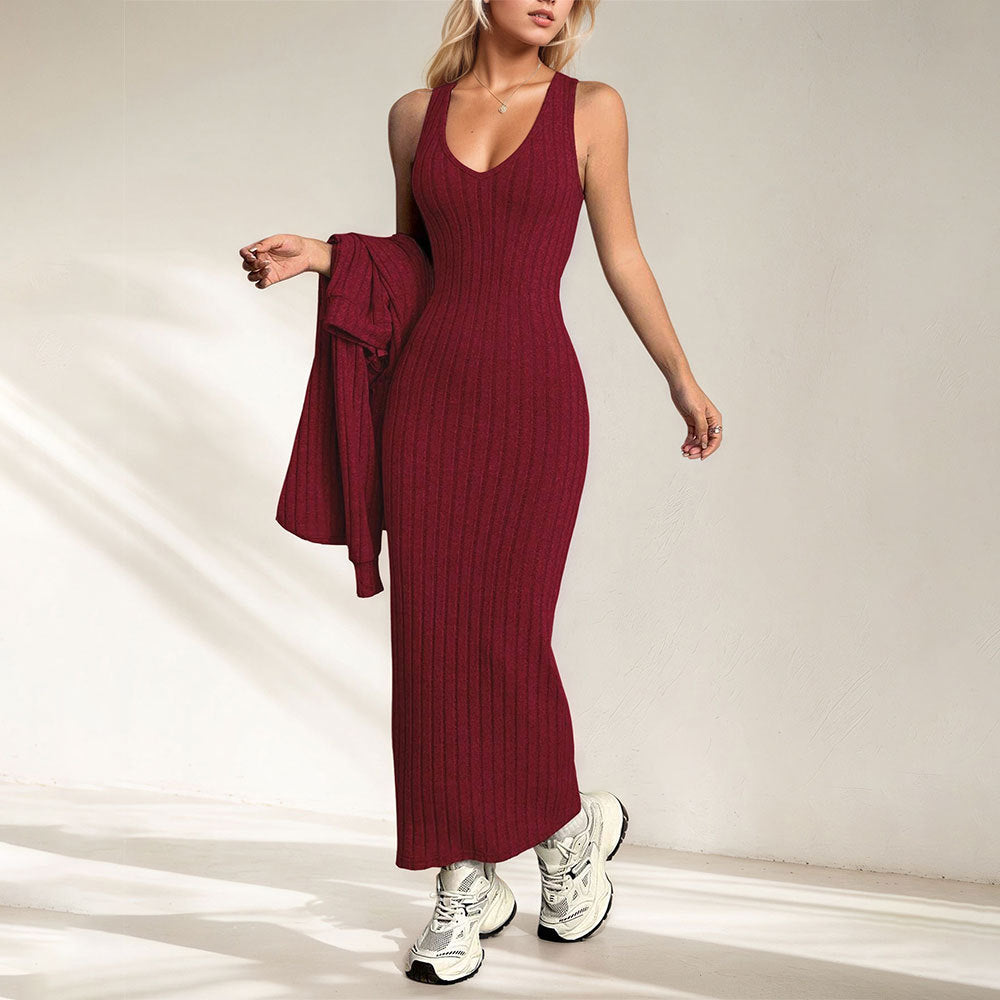 Elegant Commuter-style Light Mature Knitted Slip Dress Two-piece Set