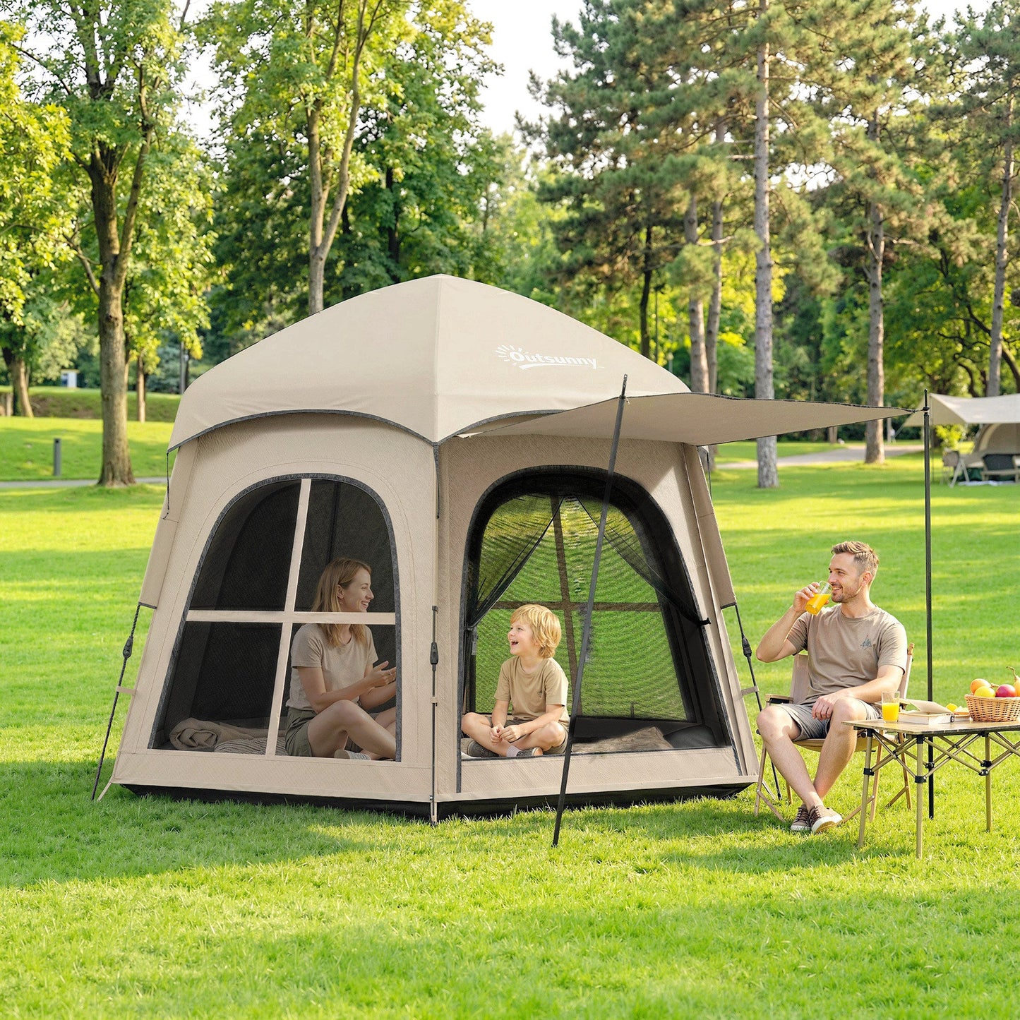 Outsunny Pop Up Tent 3000mm Waterproof Instant Camping Tent 3-4 Person with 2 Doors 4 Windows Khaki