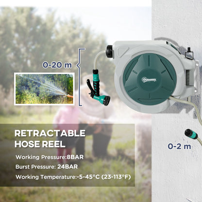 Outsunny Retractable Hose Reel Wall Mounted, 20+2m Garden Hose Pipe Reel with Lock, Auto Rewind, 7 in 1 Spray Nozzle, Includes Wall Fixings, 180\'c2\'b0 Swivel, Outdoor Watering, Light Grey
