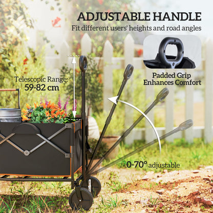 Outsunny 160L Festival Trolley on Wheels, Folding Camping Trolley Cart w/ Tailgate, 100kg Heavy Duty Garden Collapsible Folding Wagon w/Adjustable Handle, Carry Bag for Beach Picnic, Black and Orange