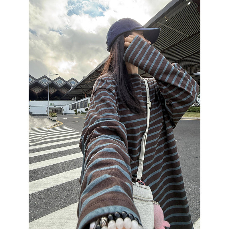 Korean Retro Striped Shoulder Long Sleeves